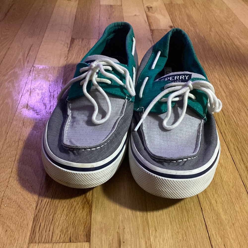 Green and Grey slip on canvas boat shoe
